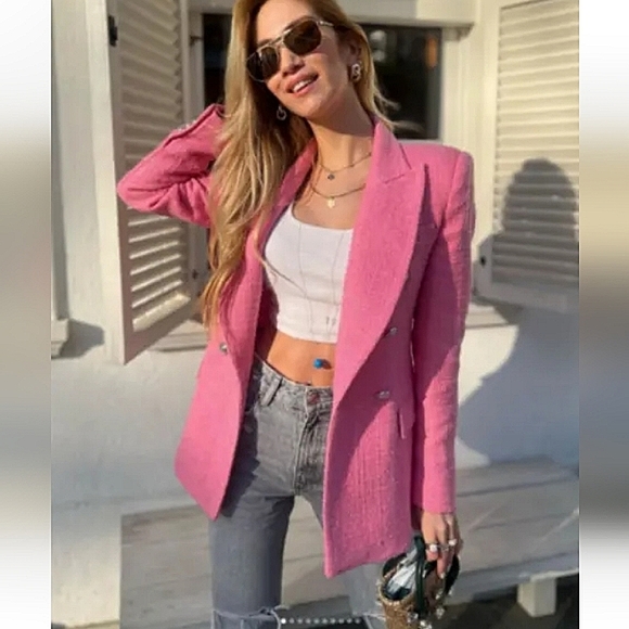 Zara Textured Tweed  Double Breasted  Blazer pink size S - Picture 6 of 17